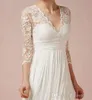 3/4 Long Sleeve Short Beach Lace Wedding Dresses With V-Neck Ruffles Knee Length Empire Backless Chiffon Summer Bridal Gowns New Fashion