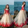 Flickor Pageant Klänningar 2018 röd spets champagne tulle kortärmad blomma flicka klänningar för trädgård strand bröllop skräddarsydda Kina EN10234