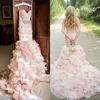 Muhteşem 2016 Allık Pembe Organze Mermaid Gelinlik Ucuz Spagetti Dantelli Ruffles Balık Kuyruğu Şapel Gelin Törenlerinde Custom Made EN414