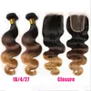 #1B/4/27 Honey Blonde Ombre Brazilian Hair Weave Bundles With Lace Frontal Closure Dark Roots Body Wave Ombre Hair Weaving 4Pcs Lot