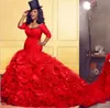 Red Plus Size Evening Gowns 2016 Scoop Neckline Flouncing Ruffles Mermaid Prom Dresses Ethnic African style Black Girl Formal Part1940640