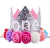 Couronne de fête scintillante pour anniversaire de bébé, bandeau diadème en fleurs roses et crémeuses artificielles, nouvelle collection, HJ146