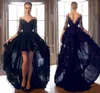 2016 Black Lace High Low Prom Dresses Sexy Off Shoulder Deep V Neck Backless Evening Dresses Chic 3/4 Sleeves Sequin Party Gowns