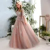 Vintage Palace Princess Pink Prom Dresses Lace Applique Handmade Flowers Illusion Long Sleeve Evening Gowns Lace Up Back Pageant Party Dres