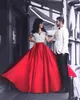 Arabische twee stukken prom jurken wit rood van de schouder vintage appliques crop top lange formele avond feestjurken met kapel trein