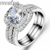 Vecalon ファッションリングクッションカット 3ct Cz ダイヤモンド 3-in-1 結婚指輪リングセット女性用 10KT ホワイトゴールド充填婚約指輪