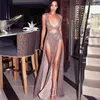 Sparkly Sequined Maxi Prom Dress Sexy Open Neckline Cutaway Double Sides-Split Backless Party Dresses Amazing Long Evening Dress Formal Gown