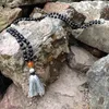 ST0186 108 Mala Kralen Ketting Lange Ketting met Kwastje Geknoopt Mat Zwart Onyx Stenen Ketting Fancy Rozenkrans Kettingen