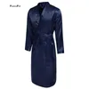 Atacado-Mens Vestidos De Verão Sólida Com Decote Em V Kimono Roupão Longo De Cetim Robe Sleepwear Ajustável Na Cintura Peignoir Homme Albornoz Hombre ZD