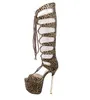 16CM Ultra tacchi alti leopardo scava fuori stivali lunghi al ginocchio con lacci open toe scarpe estive donna taglia 35 a 40