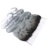 1B / graues Ombre malaysisches Menschenhaar-Körper-Welle 13x4 Ohr-Ohr-Spitze Frontals mit dem Baby-Haar-Silber-Grau-Ombre-Spitze-Frontalschließung