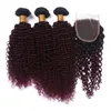 Dwa tony 1B99J Wine Red Ombre Kinky Curly Peruvian Virgin Human Hair Weves 3bundles z ciemnymi korzeniami Burgundii Ombre 4x4 Lace Clos9006795