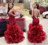 Afrikanska sjöjungfru prom klänningar arabiska dubai sexiga baklösa marinblå spetsar svart tjej röda fest afton klänningar ruffles lång söt 16