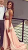 2016 Modern Two Pieces Prom Dresses High Neck Crystal Beads Long Party Evening Gowns Hollow Back Side Split Plus Size 2016 Occasion Dress