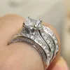 SZ 5-11 Victoria Wieck Dam Lyxsmycken 7mm Princess Cut White Safir Simulated Diamond Gem 925 Sterling Silver Wedding 3IN1 Band Ring