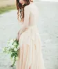 赤面ピンクボヘミアンビーチウェディングドレス2017レースVネックイリュージョンバックトップシフォンRuched Long Bridal GownsカスタムメイドプラスサイズEN9166