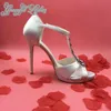 Elegant Rhinestone T-rem Bröllop Skor Kvinnor Sandal Tjock Platform Crystal Svart / Vit Satin Bridal Shoes Ladies Sandals 2015