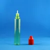 100 uppsättningar/parti 30 ml 1 oz Unicorn Green Plastic Droper flaskor Långt form Barnbeständig manipuleringsbyggnad Långt tunt droppspets Dubbel säker oljeflödesjuice vätskor 30 ml