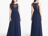 Abiti da damigella d'onore blu navy in chiffon lungo pavimento lunghezza vita impero damigella d'onore collo gioiello cerniera trasparente pizzo posteriore onore abiti da sposa