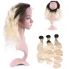 Dark Root 1B 613 Body Wave Human Hair Bunds With 360 Full Lace Band Frontal Stängning 13x4x2 med babyhår Mellandel 6833571