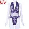 KLV femmes Sexy violet dentelle Lingerie robe vêtements de nuit sous-vêtements Babydoll vêtements de nuit G-String lingerie érotique lenceria costumes sexy