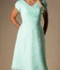 Mint koronki krótkie skromne sukienki druhna z krótkimi rękawami V Neck A-Line pokojówki Suknie Honorowe Długość Wróżki Wesele Suknie