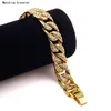 Wysokiej jakości 24K Solid Gold Plated Miami Cuban Link Łańcuch Błyszczy Diamentowe Bransoletki Hip Hop Bling Biżuteria Hipster Mężczyźni Wristband Bangle