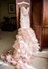 Prachtige 2016 Blush Pink Organza Mermaid Trouwjurken Goedkope Spaghetti Ruched Ruches Vis Staart Kapel Bruidsjurken Custom Made EN414