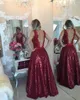 Sparkly Dark Red Sequined Prom Dresses 2017 Peals Beaded Lace Applique Sheer Neck Evening Gowns Open Back Formal Party Dresses