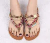 Bohemian Beaded Sandals Handmade Gold Chain Metal Flowers Flat Rhinestone Thong Sandals Sweet Colorful Roman Gladiators Shoes