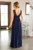 Druhna Suknie Tanie Kraj Na Wesela Navy Blue Jewel Neck Szyfon Koronkowy Aplikacje Długość podłogi Plus Size Formalna Maid of Honor Suknie