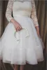 Stunning Plus Size Vintage Wedding Dress A Line Informal Tea Length Bridal Gowns Sheer Neck Illusion Lace Long Sleeves Brides Wear Sash