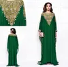 Groene Dubai Avondjurken Chiffon Lange mouwen Gouden en zilveren kristallen Kralen Lange vintage Arabische Moslimvrouwen Kaftans Abaya Vestidos.