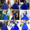 Vestidos de la muchacha de flor de Cenicienta azul real para las bodas fuera de los hombros Vestido de bola Vestido de las muchachas Vestido del desfile vestido de comunión de los niños por encargo