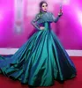 Dark Green Celebrity Evening Dresses With Lace Jacket Sequined Applique High Neck Prom Dresses Satin Ruffles Long Sleeves Formal Party Dress