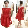 Stunning Short Junior Bridesmaid Dresses Red A Line Sheer Bateau Neckline Illusion Long Sleeves Lace Appliqued Top Prom Party Gowns Bow Sash
