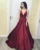 Sexy Burgundy Simple Taffeta Prom Dress Spaghetti Straps Deep V Neck Ball Gown Party Gown Backless Zip Formal Evening Dress8329755