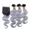 Cinza de prata Ombre Tece cabelo humano brasileiras com Top Encerramento da onda do corpo 2Tone 1B / cinza Ombre 4x4 Lace Encerramento com 3Bundles 4pcs Lot