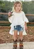 Moda meninas conjuntos de roupas 2016 menina branco smoking vestido cowboy shorts 2 pçs crianças roupas da menina do bebê terno criança 27 t 6 setsl8088400