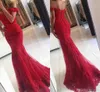 New Red Lace Mermaid Prom Dresses veatidos off Shoulder Beaded Appliques Tulle Floor Length Long Evening Gowns BA3809282B