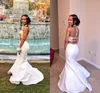 Rachel Allan Mermaid Prom Dresses Halter Neck Crystal Beaded Taffeta White and Gold Backless Two Pieces Long Formal Evening Gowns