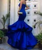 Royal Blue Mermaid Prom Dresses Sweetheart Spaghetti Bandjes Tiered Rok Satijnen Mermaid Avondjurken Formele Jurken