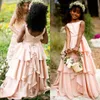 Rodna rosa blomma flicka klänningar för bröllop Bateau nacke ärmlös tiered lång full längd barn bröllopsfest formell slitage tonåring klänningar
