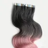 Rey ombre human hair Tape in hair extensions body wave 100g 40pcs #1B / Pink ombre tape in human hair extensions