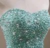 クリスタルロングイブニングドレス恋人ミントチュールAラインゴージャスなビーズスパンコールコルセットPageantガウン2019 Vestidos de Fiestaゴージャス