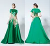 Bateau Krótki rękaw Suknie Wieczorowe 2016 Zielony Satynowy Linia Złote Aplikacje Prom Dresses Długość Piętro Zipper Formalne Suknie Party Custom