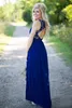 2019 Country Style Royal Blue Lace And Chiffon A-line Bridesmaid Dresses Long Cheap Jewek Cut Out Back Floor Length Wedding Dress EN6181