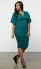 Fashion Plus Size Ruched Evening Dresses With Half Sleeves V-Neck Tea Length Evening Gowns Sheath Empire Waist Short Formal Dress