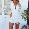 Mulheres Lace Flor V Neck Manga Longa Oco Sheer Casual Praia Romper Calça Curta # R593