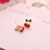 Stud Earrings Wholesale 18K Gold Plated Korean Red Cherry Crystal Rhinestone Leaf Drop Earrings Pretty Statement Earrings